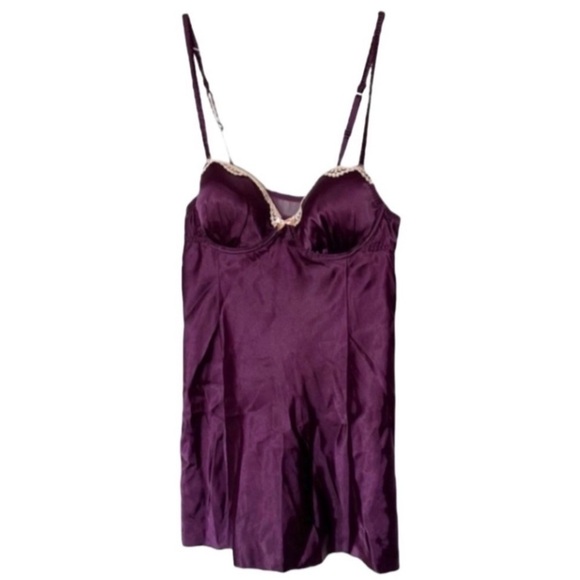 Gillian O’Malley Nighty Satin Purple Burgundy Tan Lace Nightgown 90s Y2K Vintage - Picture 1 of 17